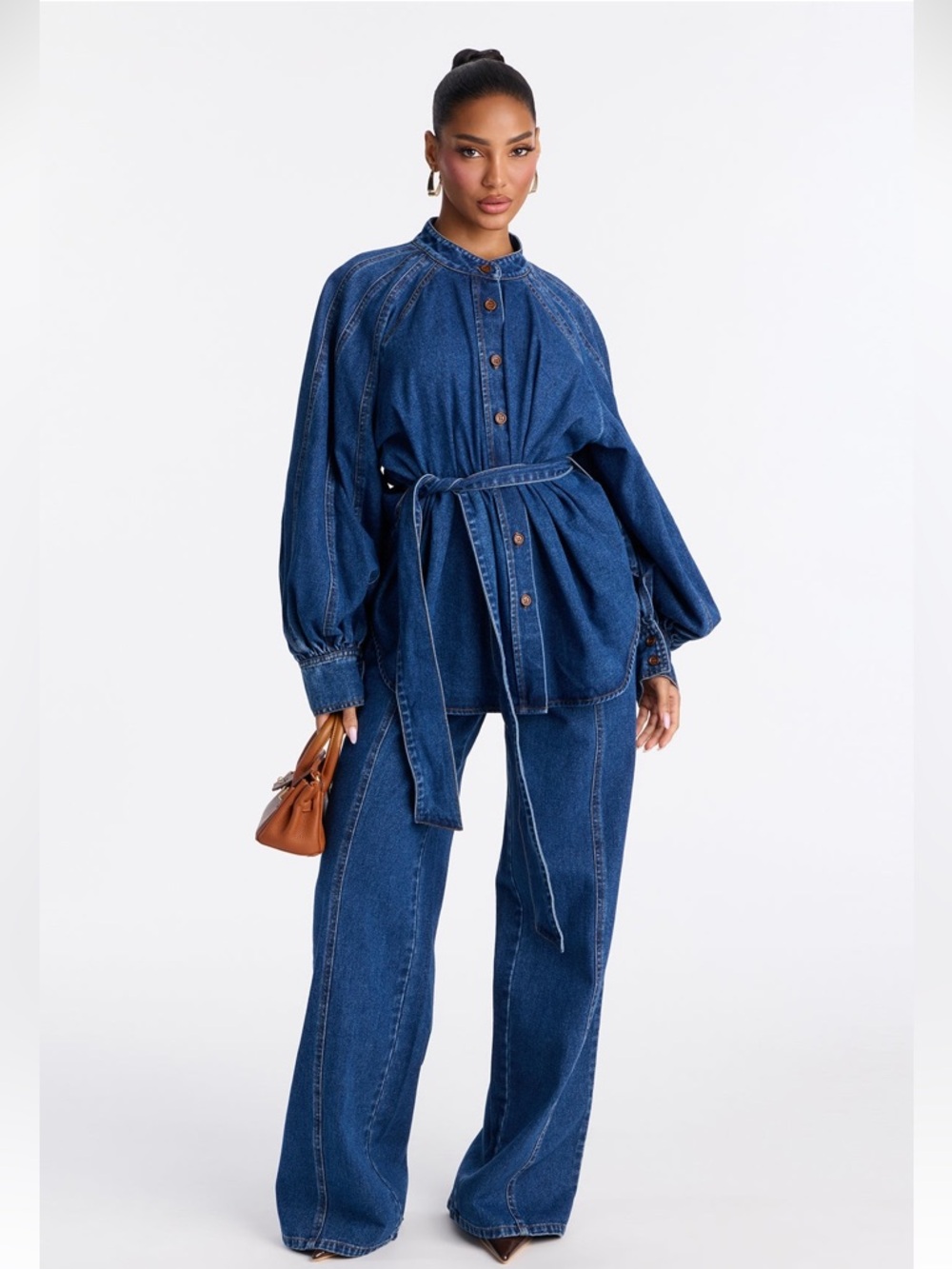 Gemma Tie Waist Denim Pant Set - Dark Wash